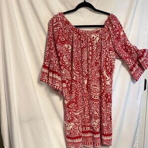 Umgee Red and White Paisley Dress With Exaggerated Bell Sleeve SZ L Cotton Blend